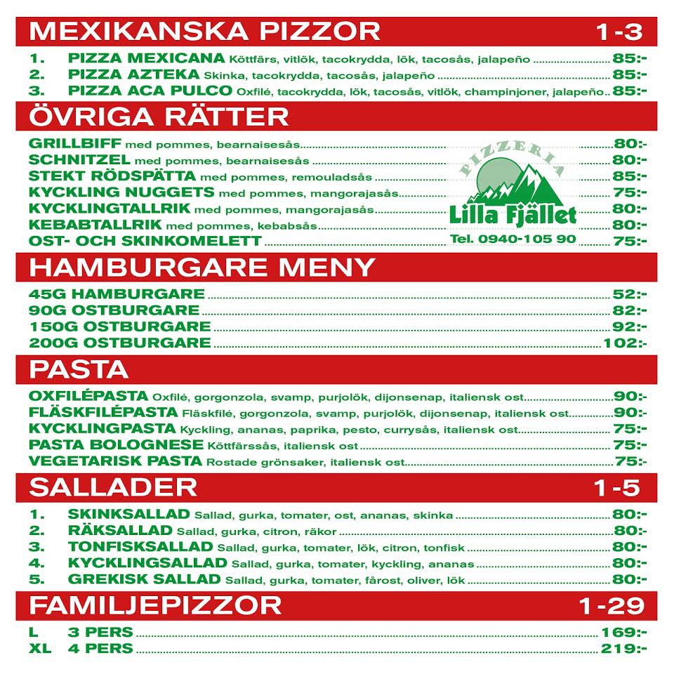 Pizzeria Lilla Fjället Meny
